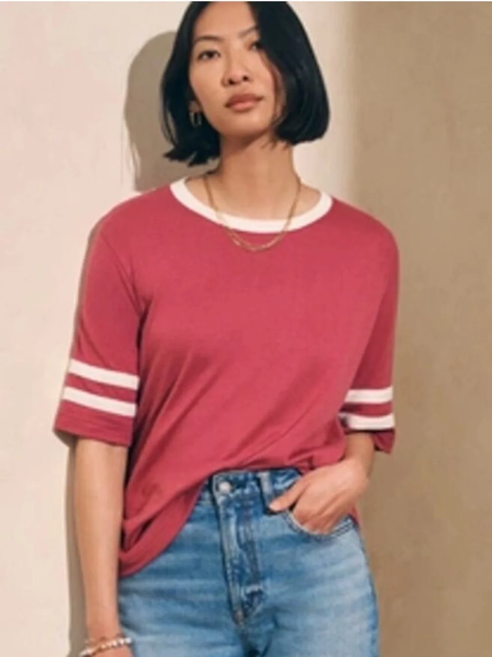 Faherty Berry Pink White Varsity Stripe Cloud Cotton Ringer Tee Shirt - Picture 1 of 16